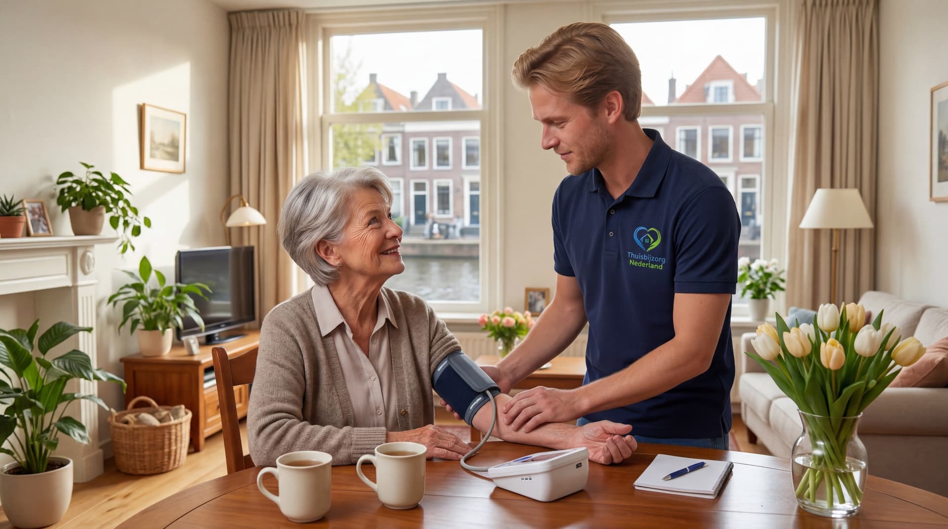 Zorgverlener helpt oudere vrouw thuis