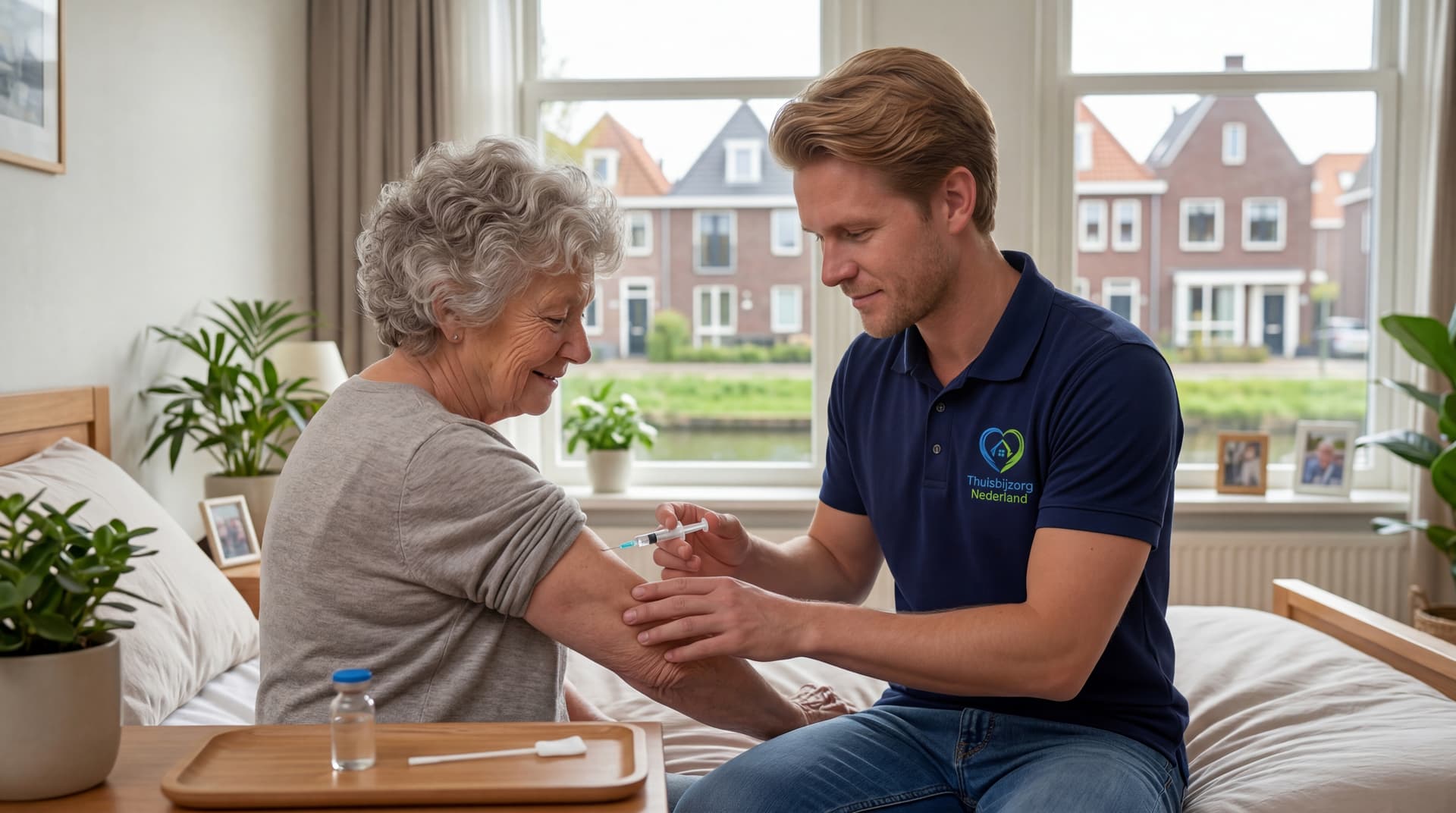 Zorgverlener helpt oudere vrouw thuis